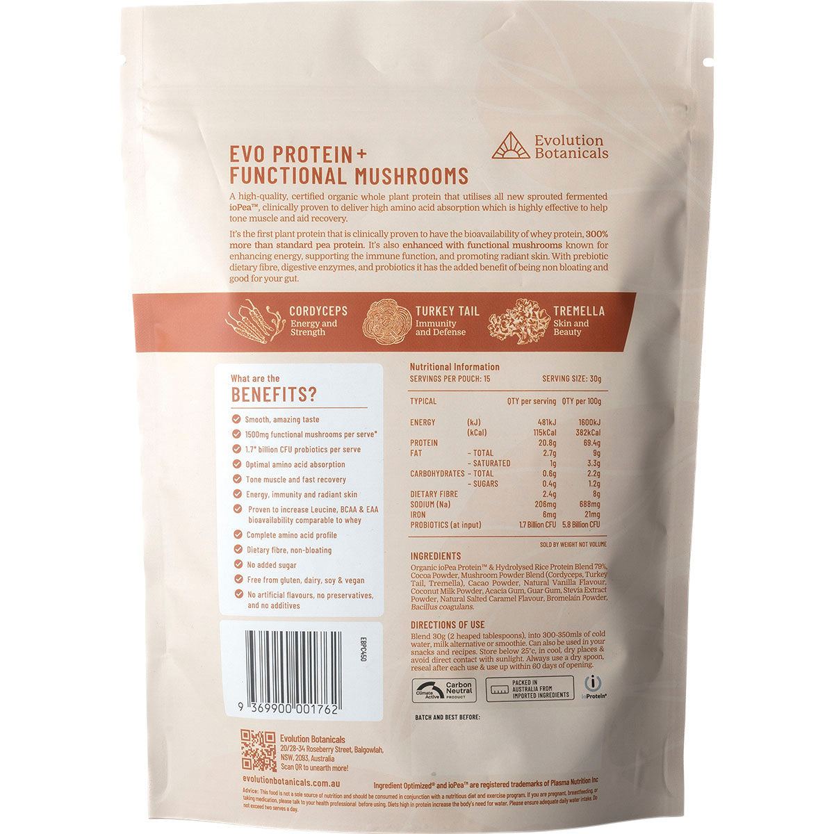 EVOLUTION BOTANICALS EVO+ Protein Functional Mushrooms Smooth Chocolate 1 x 450g