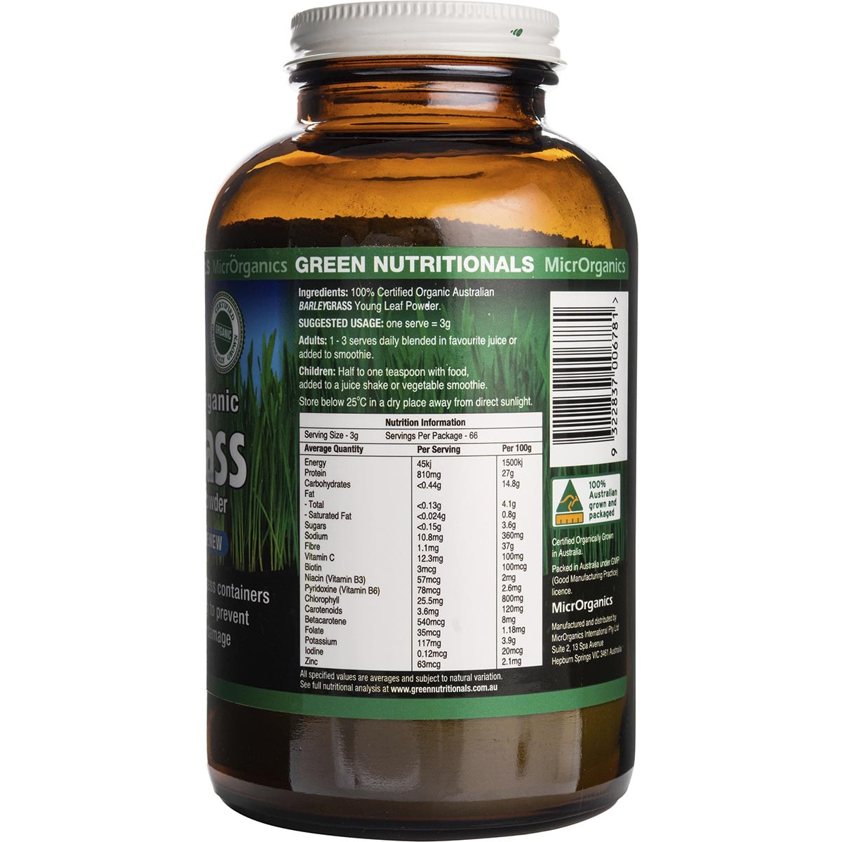 GREEN NUTRITIONALS Barleygrass 100% Australian Organic 1 x 200g