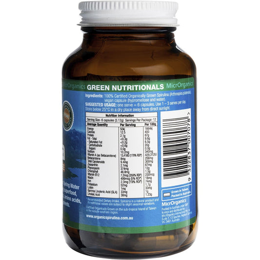 GREEN NUTRITIONALS Mountain Organic Spirulina Vegan Capsules 520mg 1 x 60 Caps