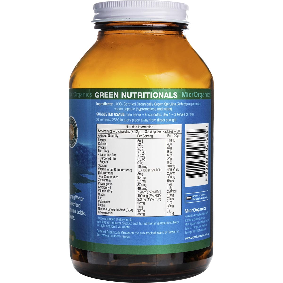 GREEN NUTRITIONALS Mountain Organic Spirulina Vegan Capsules 520mg 1 x 180 Caps