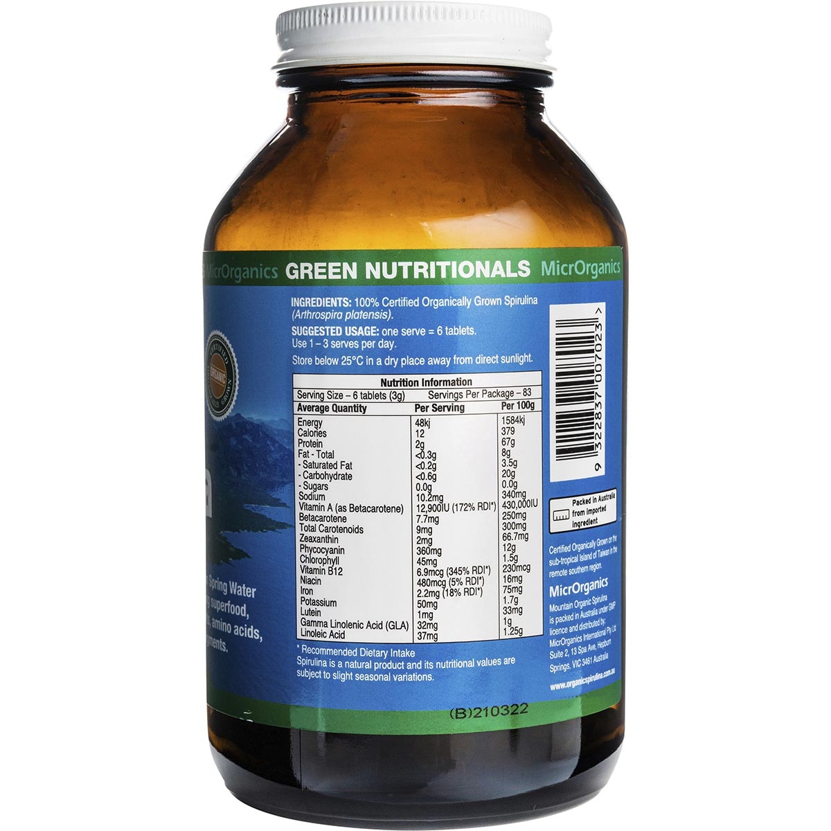 GREEN NUTRITIONALS Mountain Organic Spirulina Tablets 500mg 1 x 500 Tabs