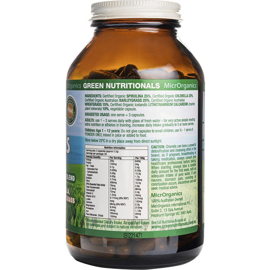 GREEN NUTRITIONALS Organic Green Superfoods Vegan Capsules 600mg 1 x 250 Caps