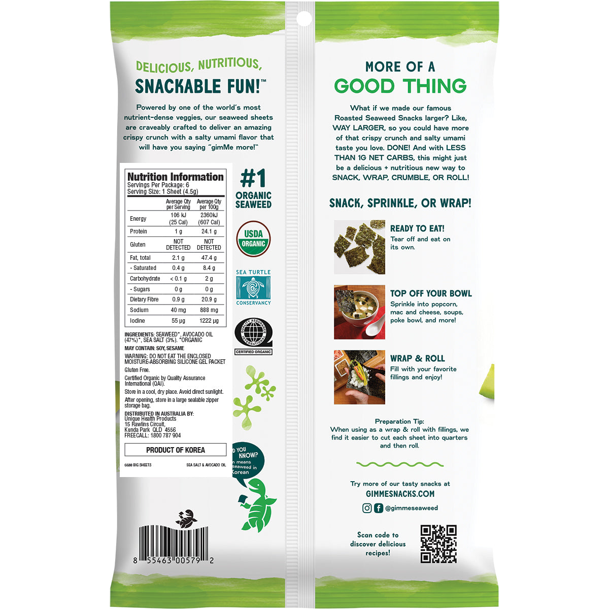 GIMME Roasted Seaweed Big Sheets Sea Salt & Avocado Oil 7 Sheets 1 x 26g