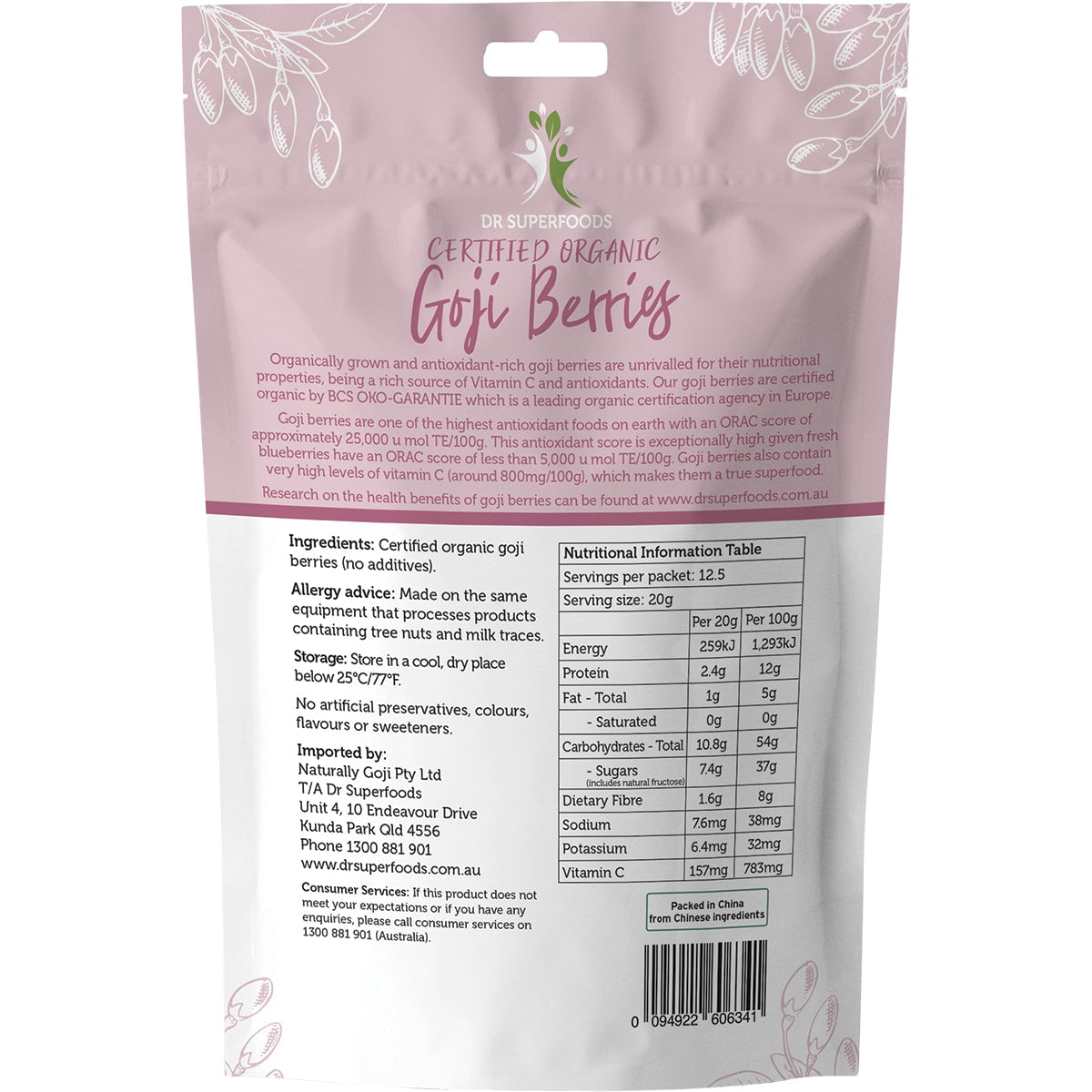 DR SUPERFOODS Dried Goji Berries Certified Organic 1 x 250g