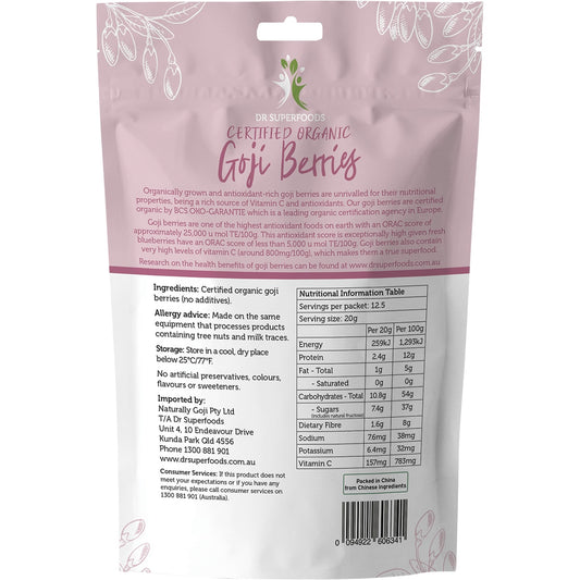 DR SUPERFOODS Dried Goji Berries Certified Organic 1 x 250g