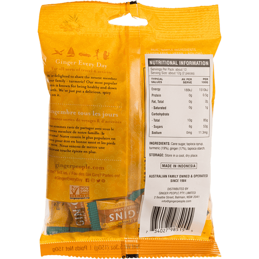 The Ginger People Gin Gins Ginger Candy Chewy Spicy Turmeric - Box of 12