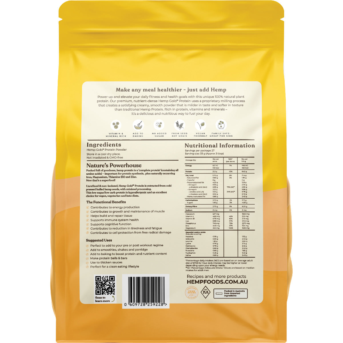 HEMP FOODS AUSTRALIA Organic Hemp Gold Protein 1 x 900g