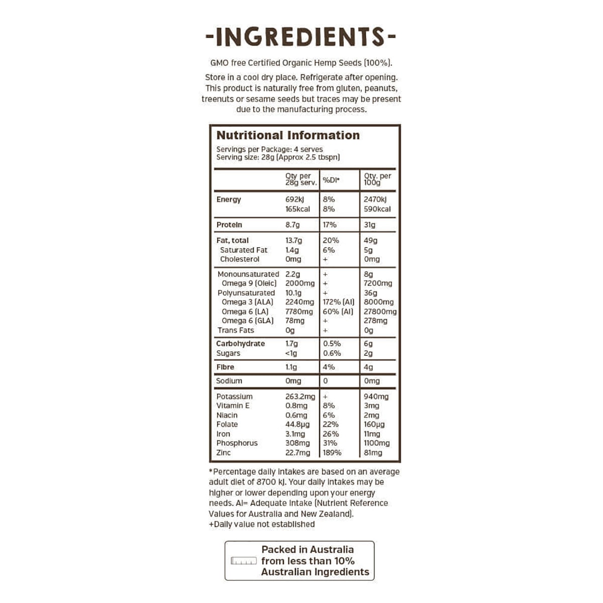 HEMP FOODS AUSTRALIA Organic Hemp Seeds Hulled 1 x 114g