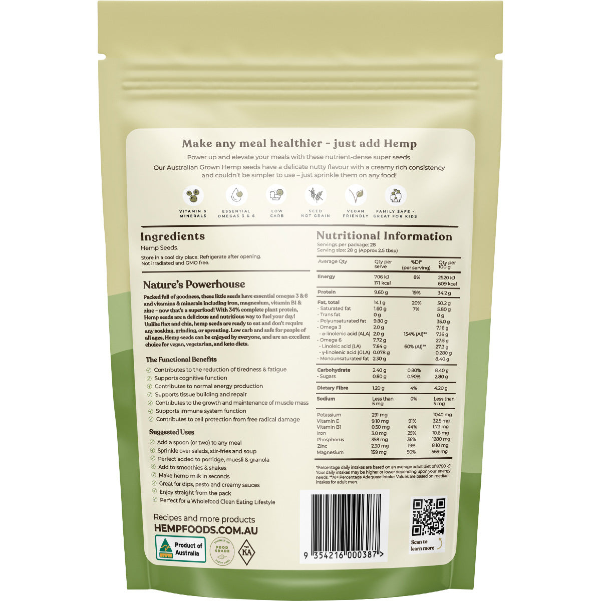 HEMP FOODS AUSTRALIA Australian Hemp Seeds Hulled 1 x 800g