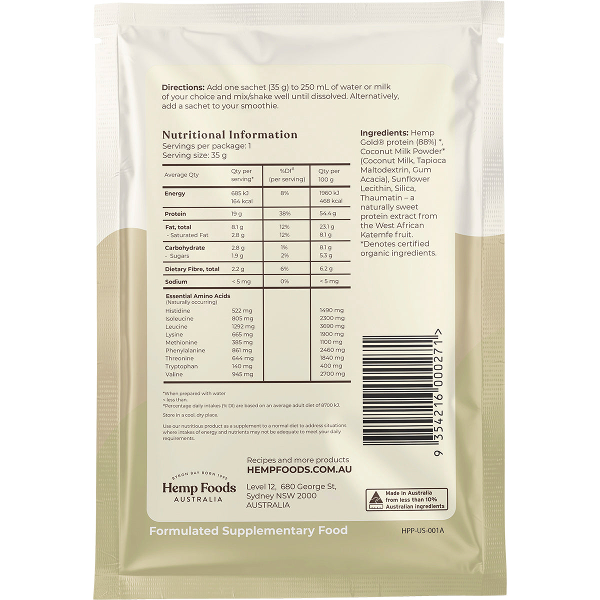 HEMP FOODS AUSTRALIA Organic Hemp Protein Shake Natural 7 x 35g