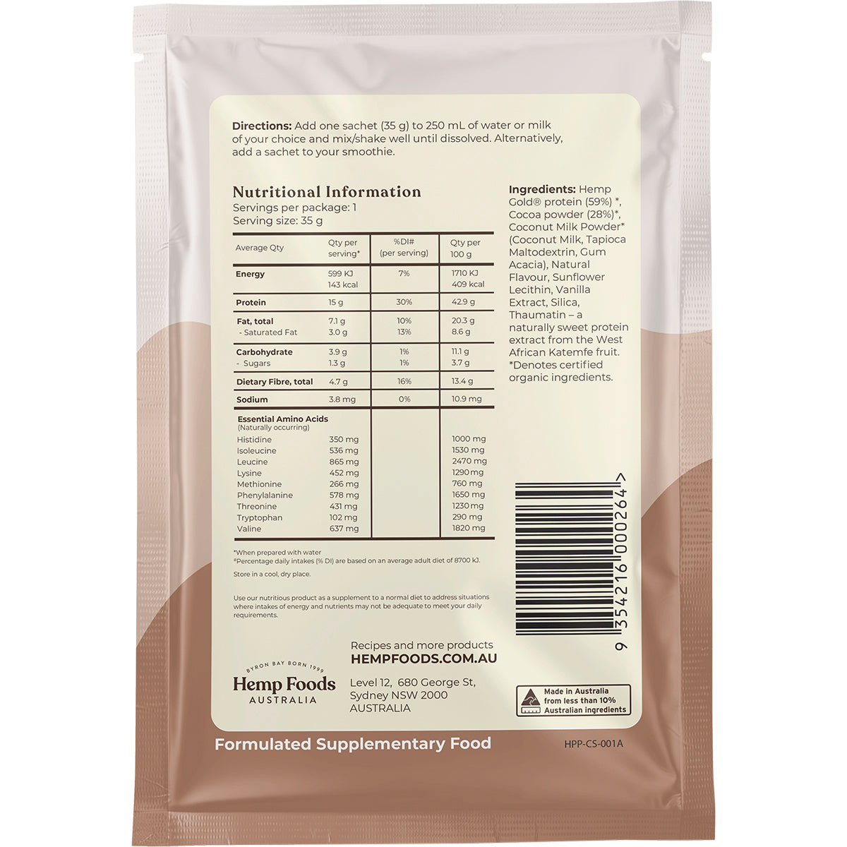HEMP FOODS AUSTRALIA Organic Hemp Protein Shake Chocolate 7 x 35g