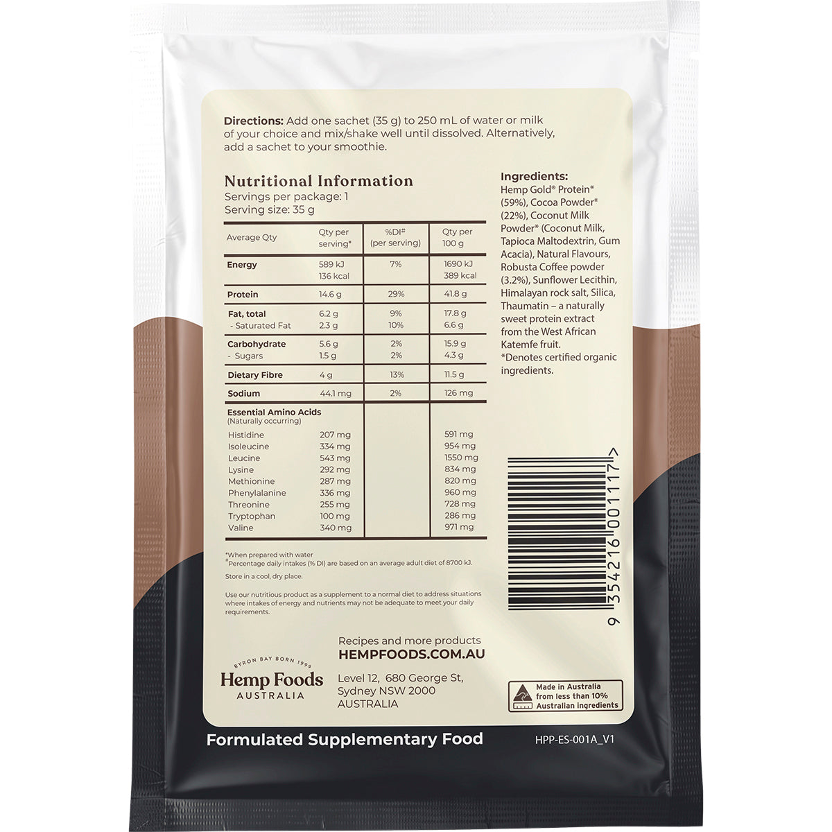 HEMP FOODS AUSTRALIA Organic Hemp Protein Shake Chocolate Espresso 7 x 35g