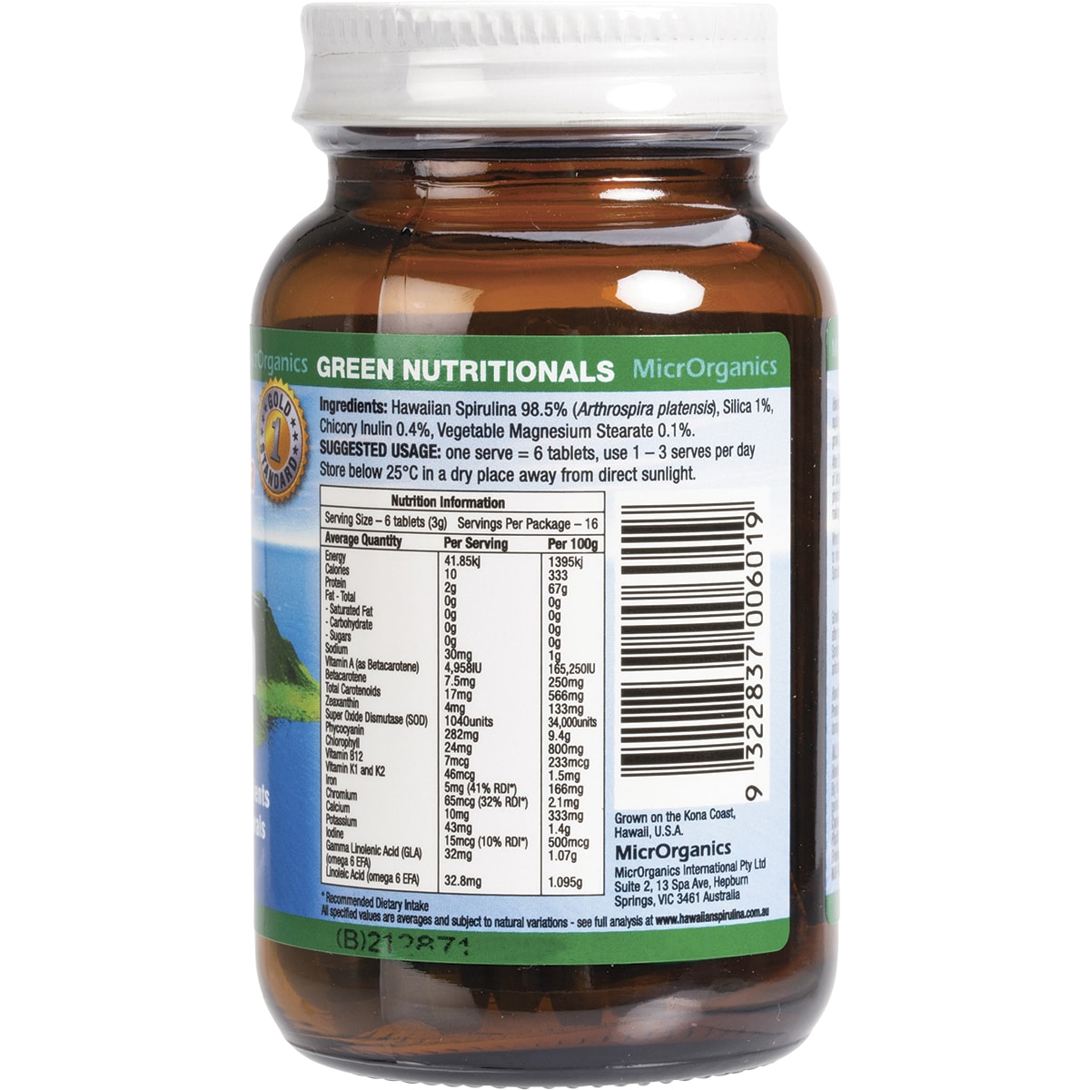 GREEN NUTRITIONALS Hawaiian Pacifica Spirulina Tablets 500mg 1 x 100 Tabs