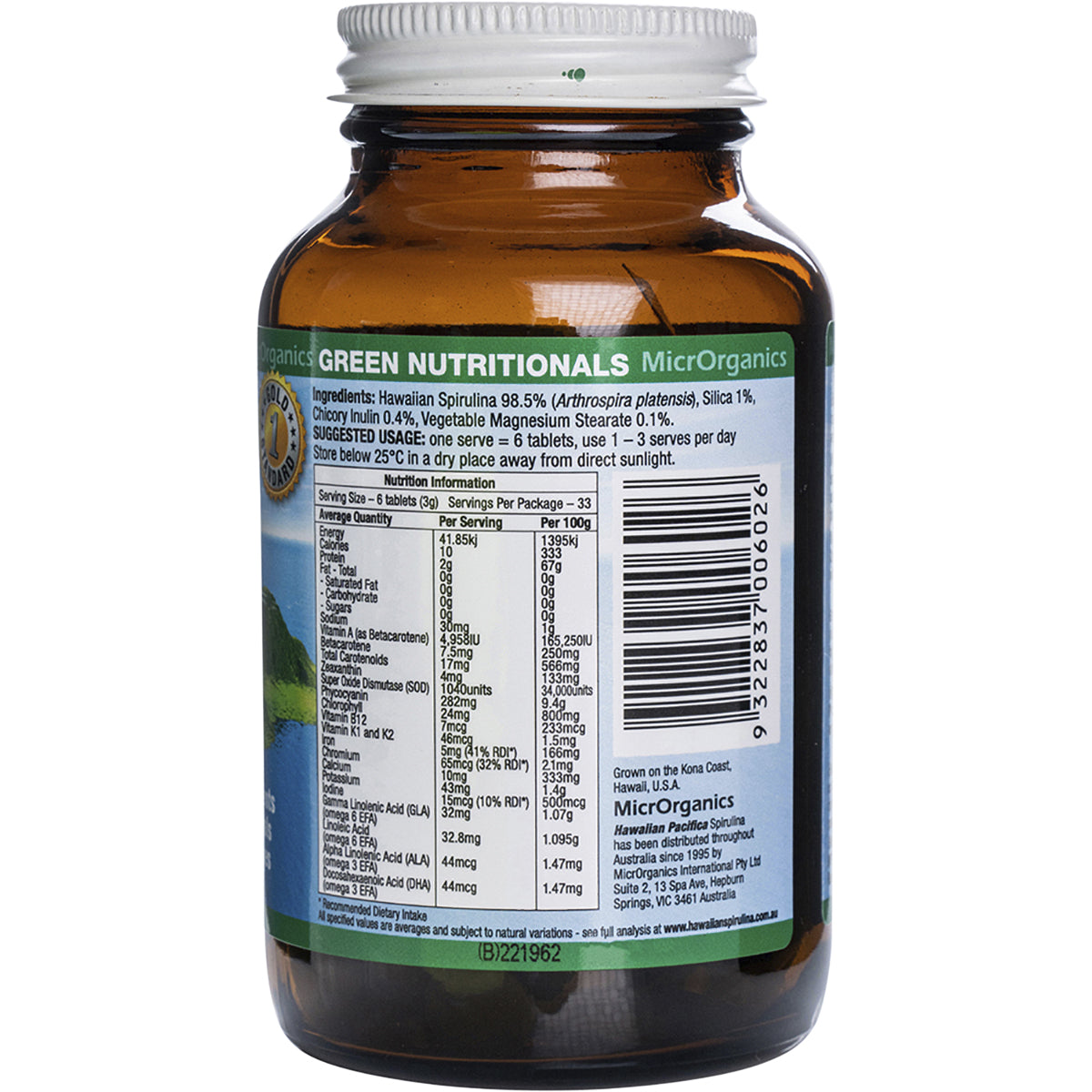 GREEN NUTRITIONALS Hawaiian Pacifica Spirulina Tablets 500mg 1 x 200 Tabs