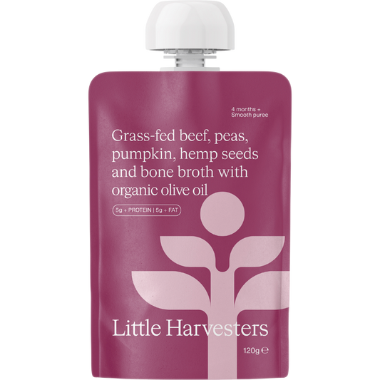 Little Harvesters Grass-fed Beef, Peas, Pumpkin,Hemp Seeds & Bone Broth - Box of 6