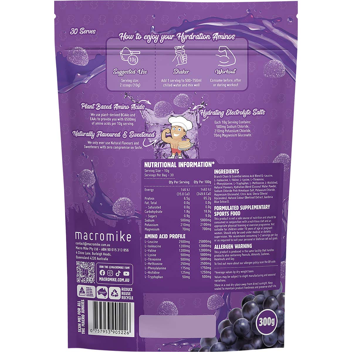 MACRO MIKE Plant Based Hydration Aminos Sour Grape Candy 1 x 300g