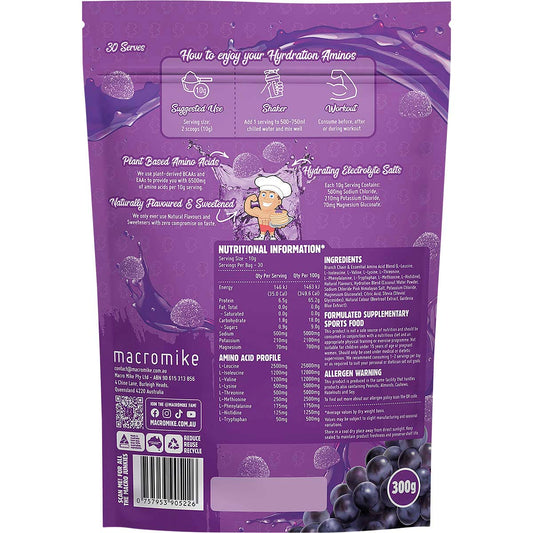 MACRO MIKE Plant Based Hydration Aminos Sour Grape Candy 1 x 300g