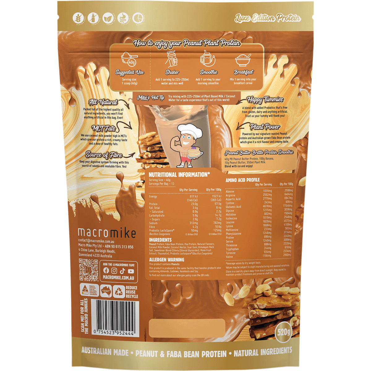 MACRO MIKE Peanut Plant Protein Peanut Butter Brittle 1 x 520g