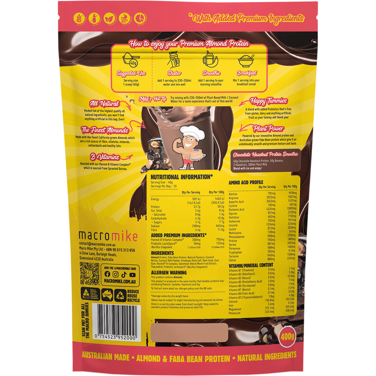 MACRO MIKE Premium Almond Protein Chocolate Hazelnut 1 x 400g
