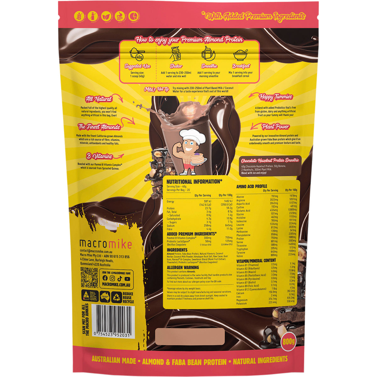MACRO MIKE Premium Almond Protein Choc Hazelnut 1 x 800g