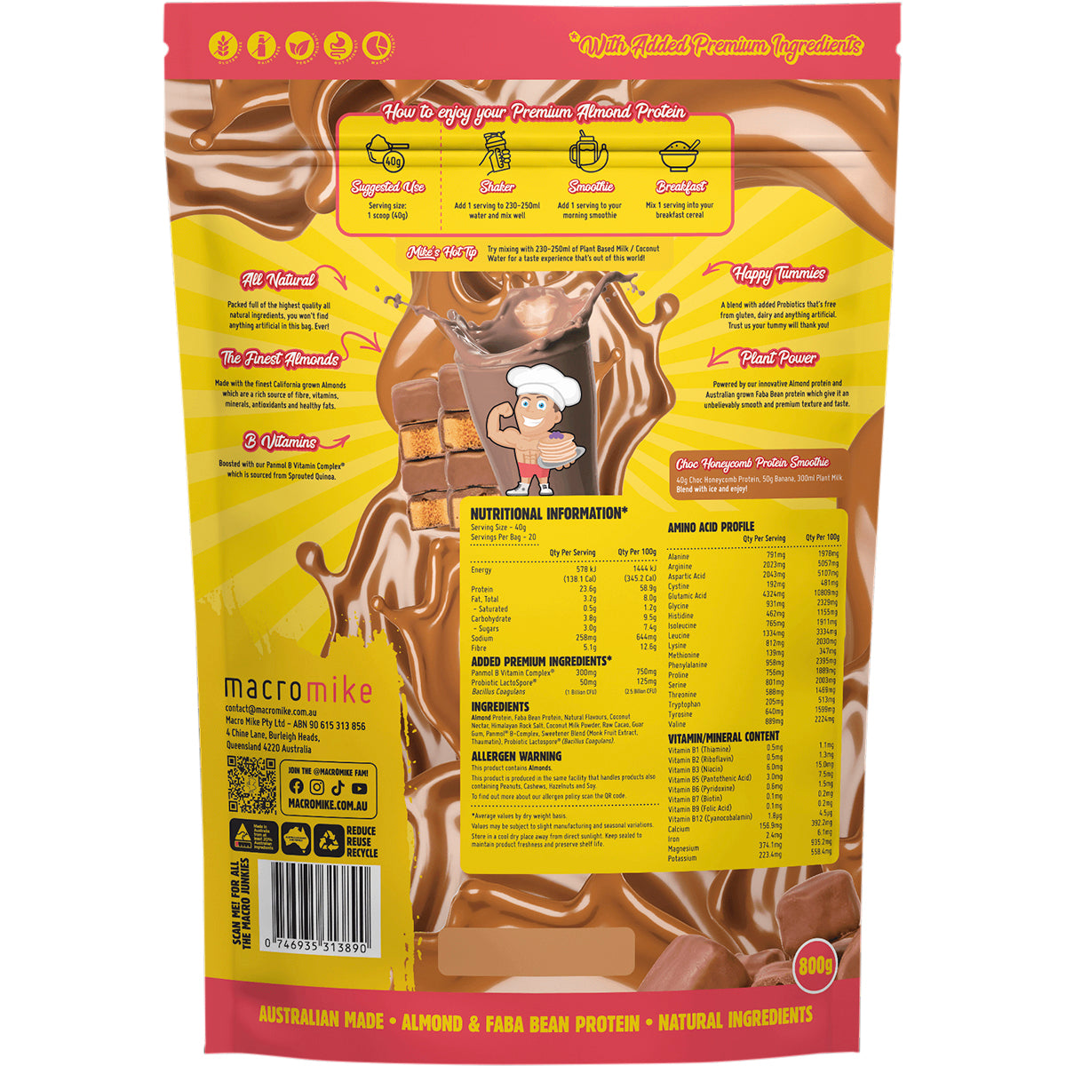 MACRO MIKE Premium Almond Protein Choc Honeycomb 1 x 800g