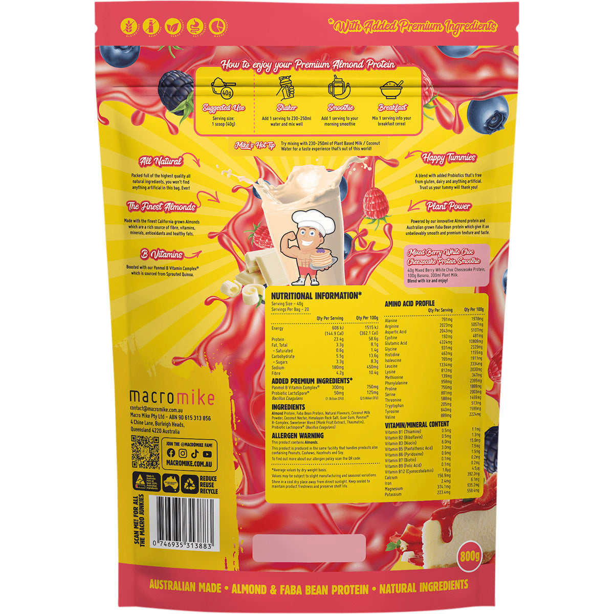 MACRO MIKE Premium Almond Protein Berry White Choc Cheezecake 1 x 800g