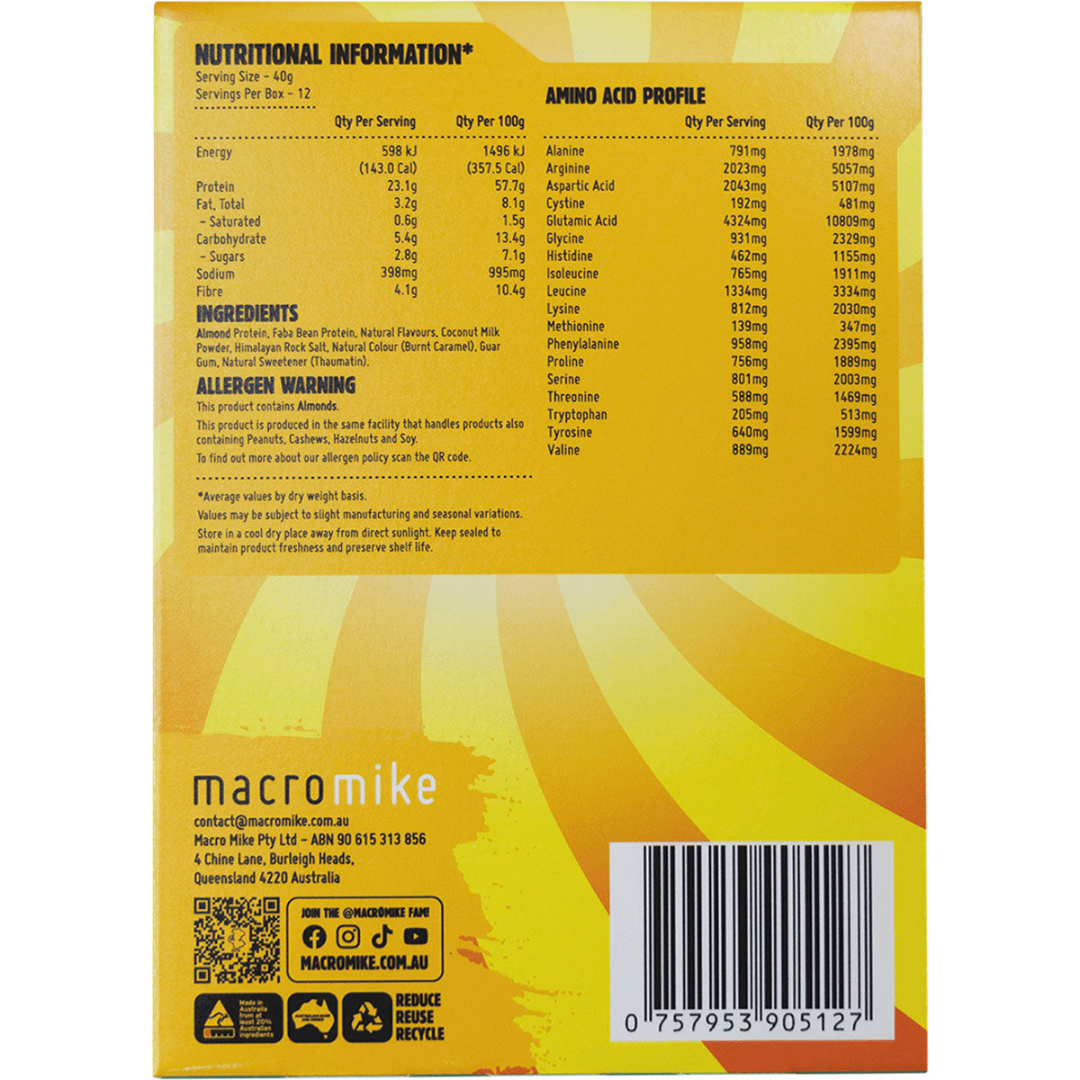 MACRO MIKE Premium Almond Protein Golden Gaytime 12 x 40g