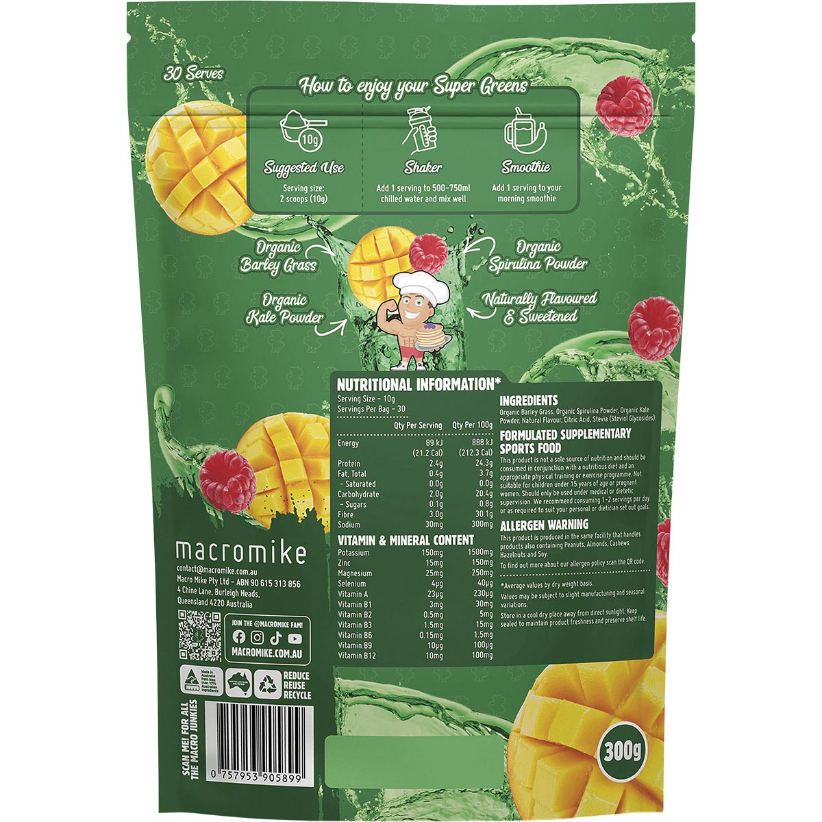 MACRO MIKE Super Greens Mango Raspberry Splash 1 x 300g