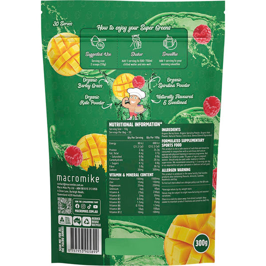 MACRO MIKE Super Greens Mango Raspberry Splash 1 x 300g
