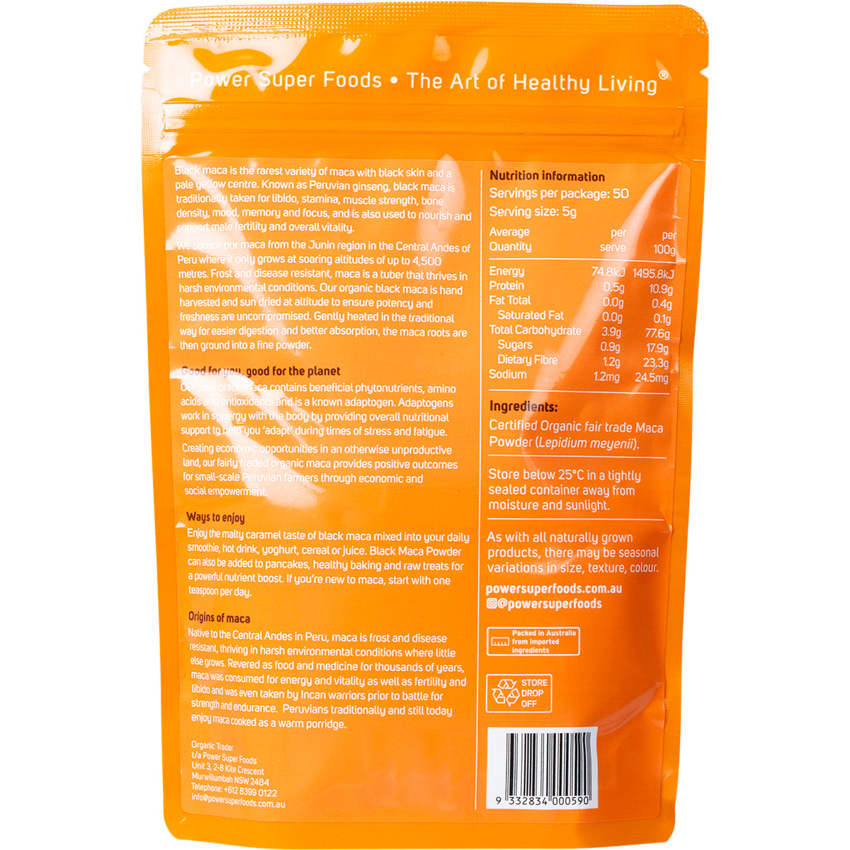 POWER SUPER FOODS Black Maca Powder Certified Organic 1 x 250g