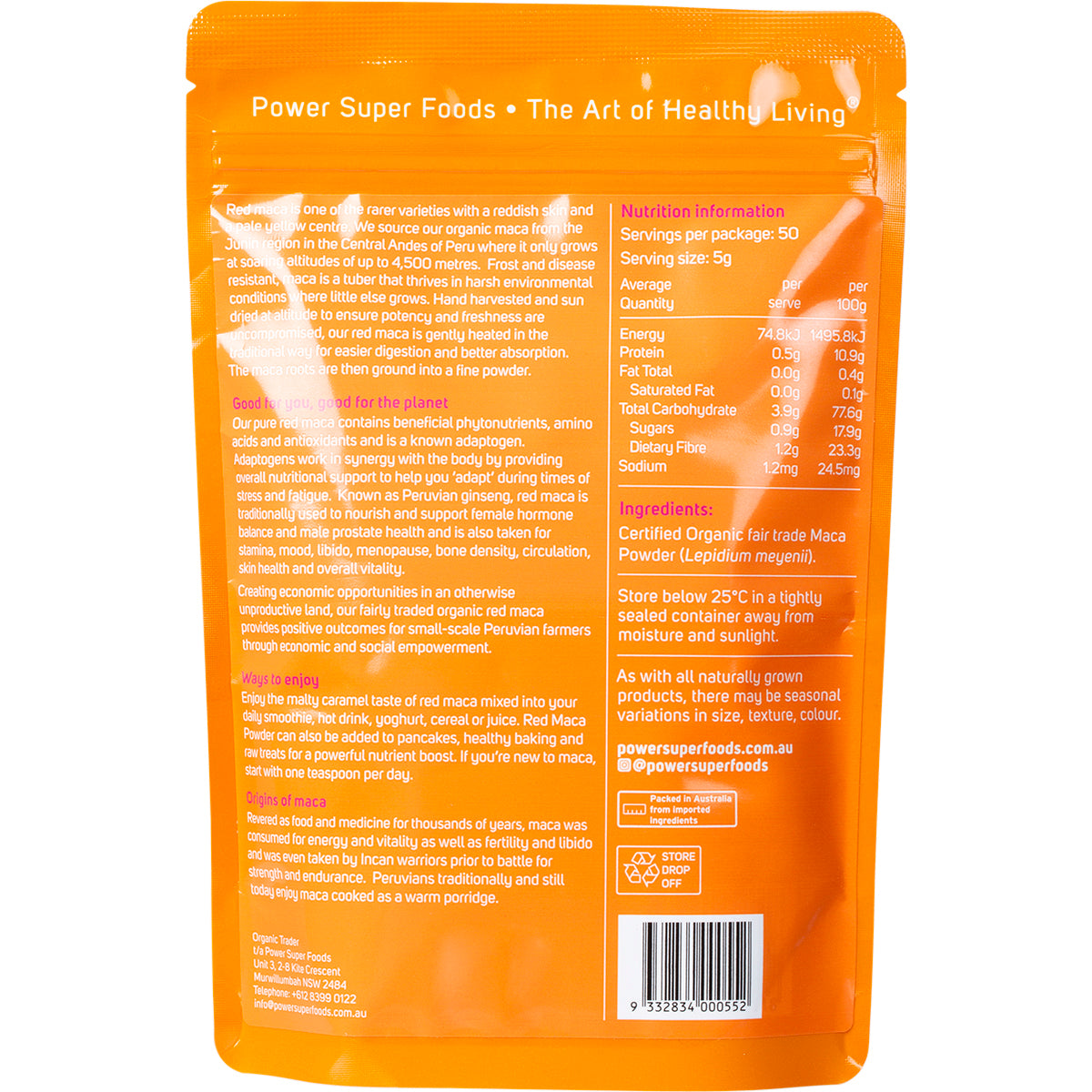 POWER SUPER FOODS Red Maca Powder Certified Organic 1 x 250g