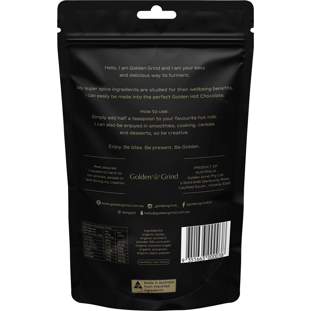 MATCHA MAIDEN Golden Grind Healthy Turmeric Hot Chocolate Blend 1 x 100g