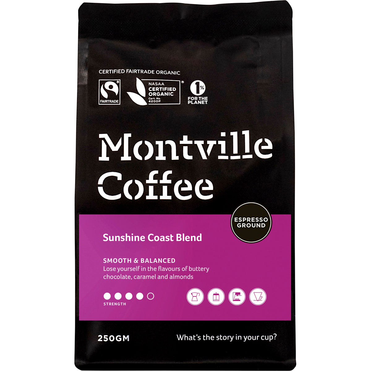 MONTVILLE COFFEE Coffee Ground Espresso Sunshine Coast Blend 1 x 250g