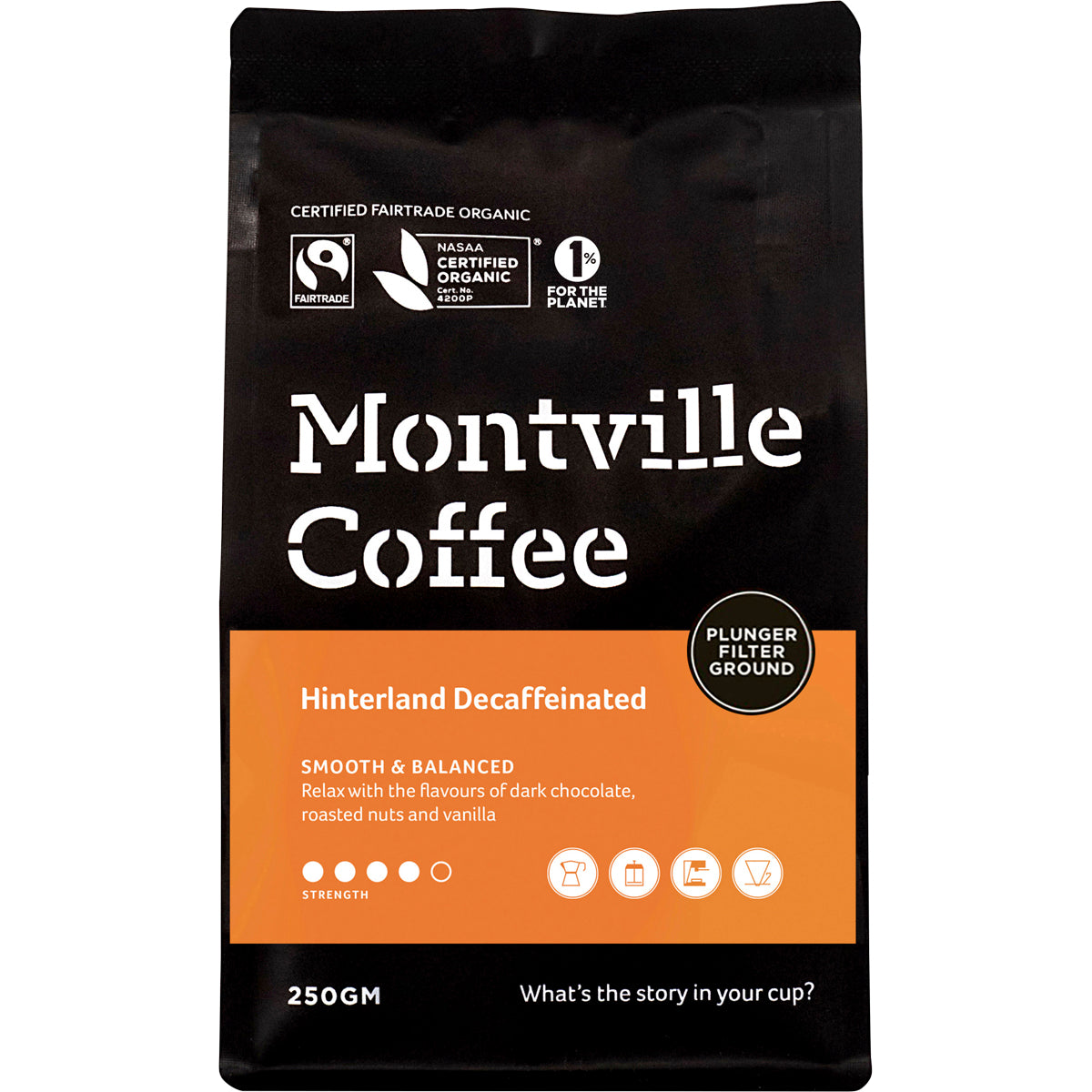 MONTVILLE COFFEE Decaf Coffee Ground Plunger Hinterland Blend 1 x 250g