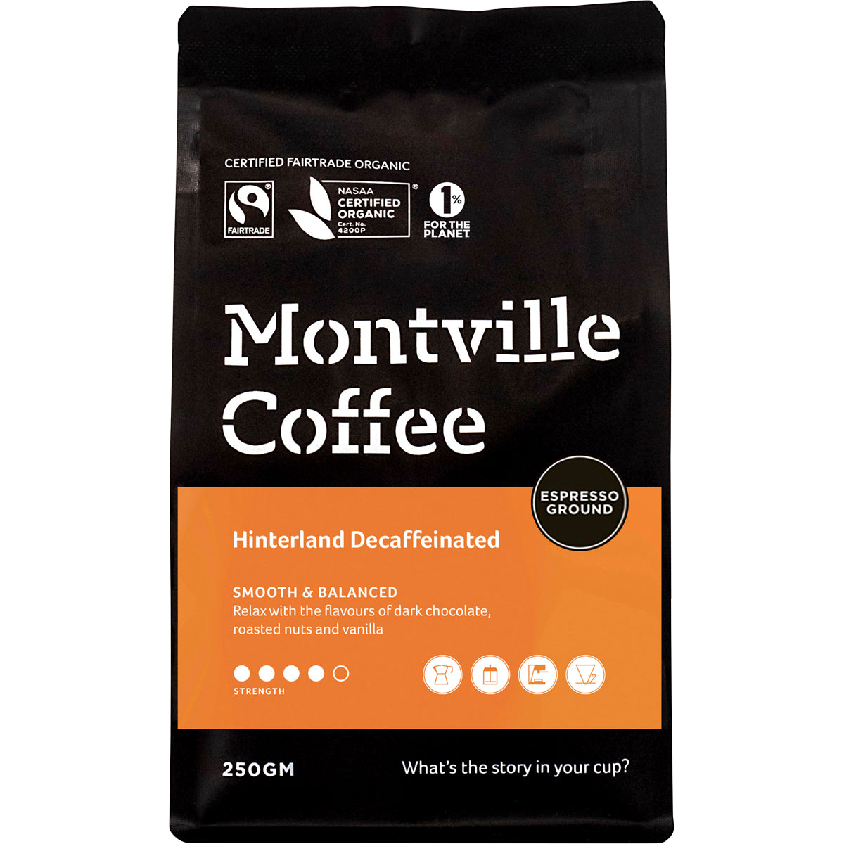 MONTVILLE COFFEE Decaf Coffee Ground Espresso Hinterland Blend 1 x 250g