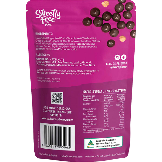 PBco Sweetly Free Hazelnuts Dark Chocolate No Sugar Added