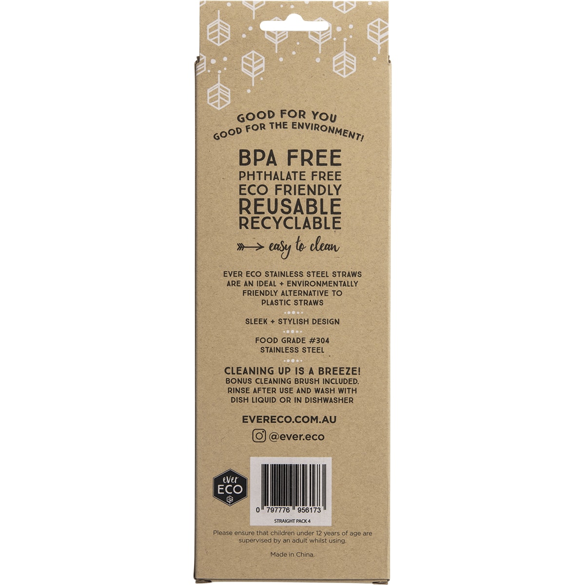EVER ECO Stainless Steel Straws Straight 1 x 4pk