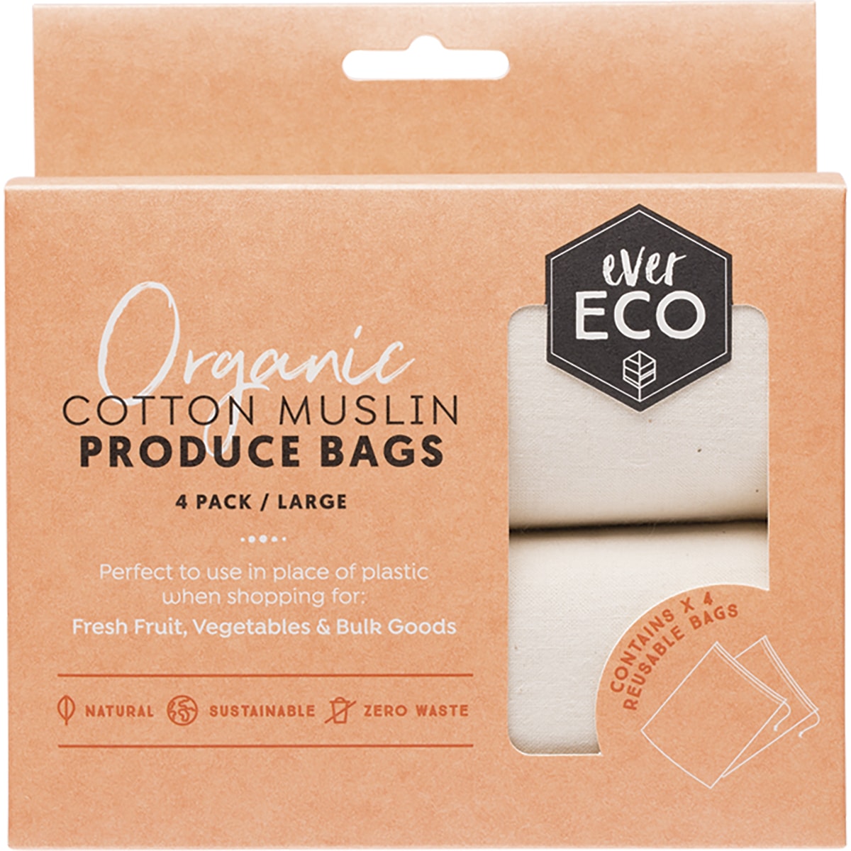 EVER ECO Reusable Produce Bags Organic Cotton Muslin 1 x 4pk