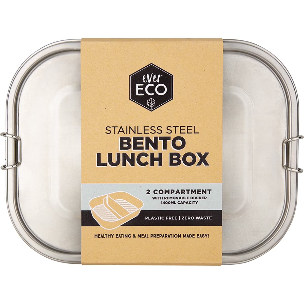 EVER ECO Stainless Steel Bento Lunch Box 2 Compartments 1 x 1400ml