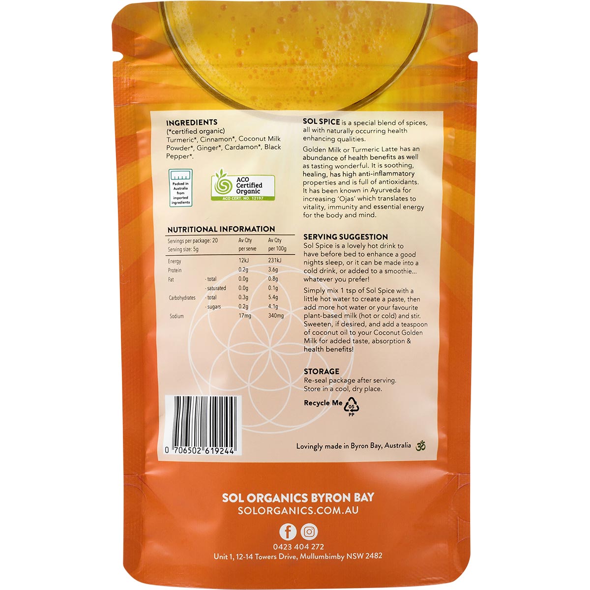 SOL ORGANICS Coconut Golden Milk Turmeric Blend 1 x 100g