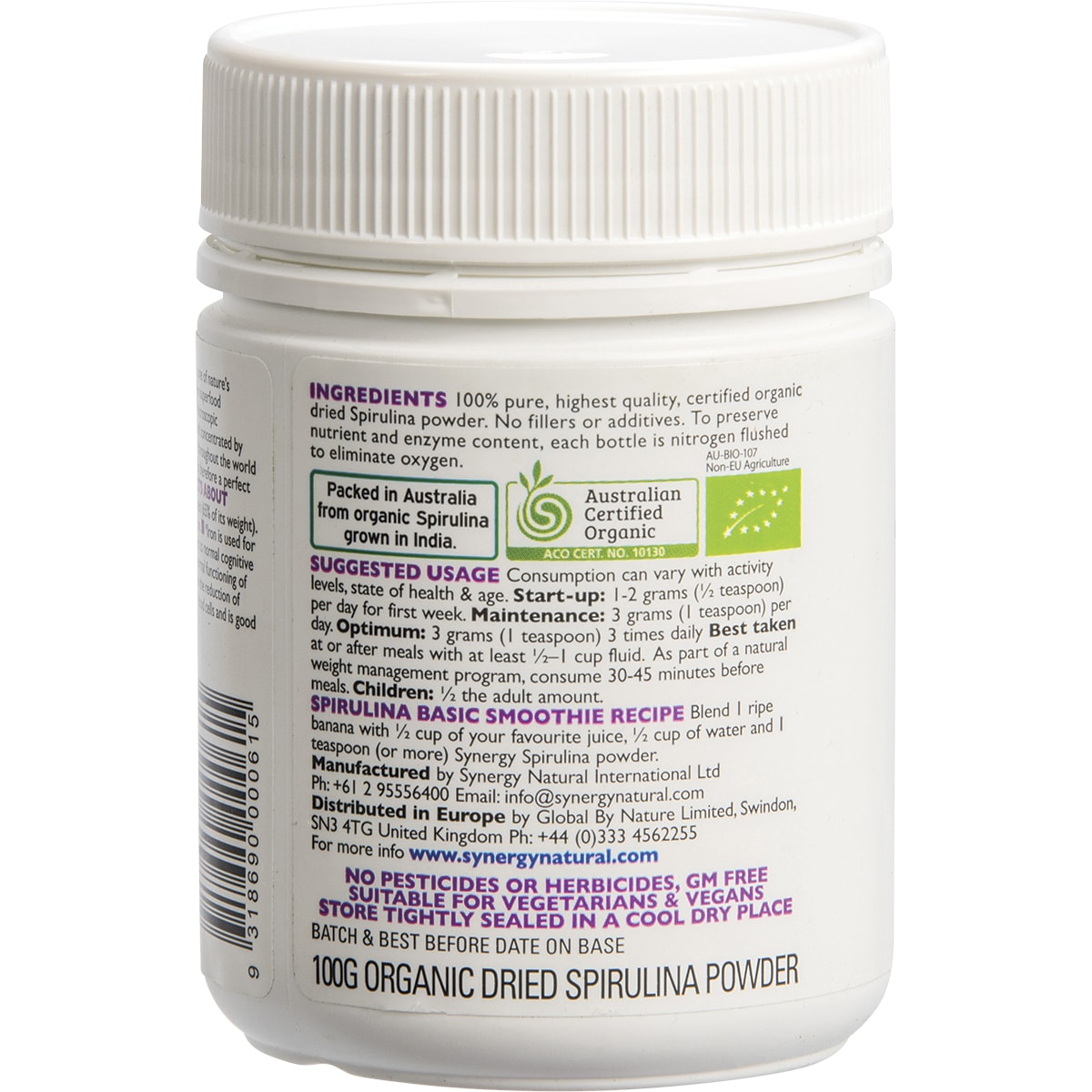 SYNERGY NATURAL Spirulina Powder 1 x 100g