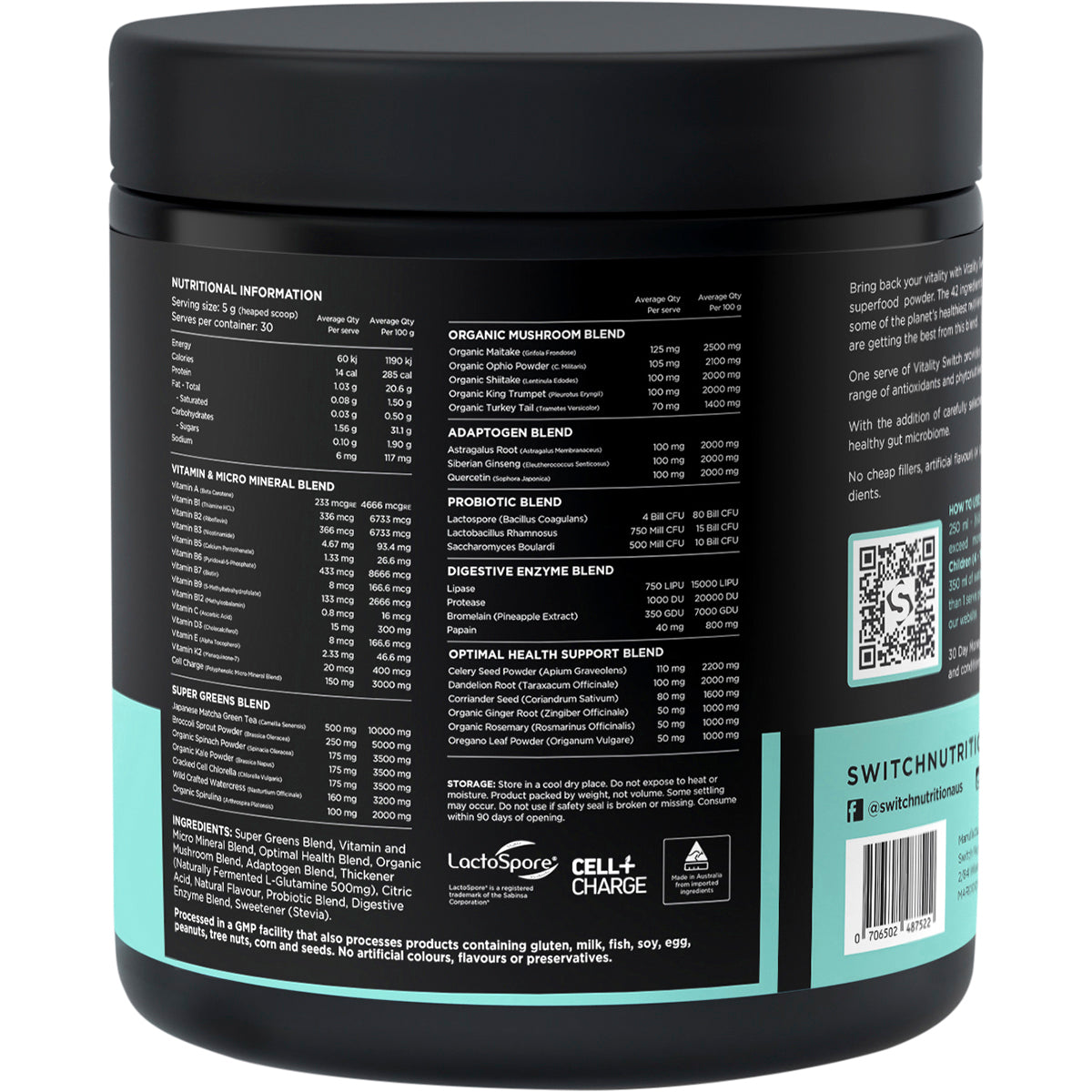 SWITCH NUTRITION Vitality Revitalising Greens Powder Mango Passionfruit 1 x 150g