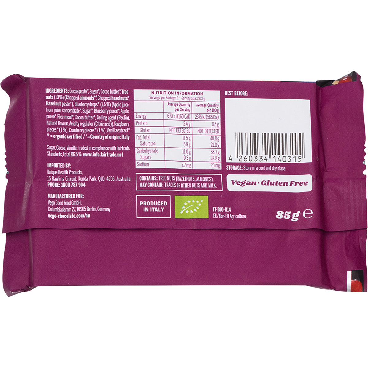 VEGO Dark Chocolate Bar Nuts & Berries x 12