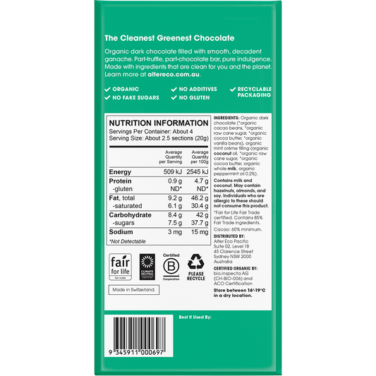 Alter Eco Chocolate Organic Mint Creme Dark Truffle Thins - Box of 12