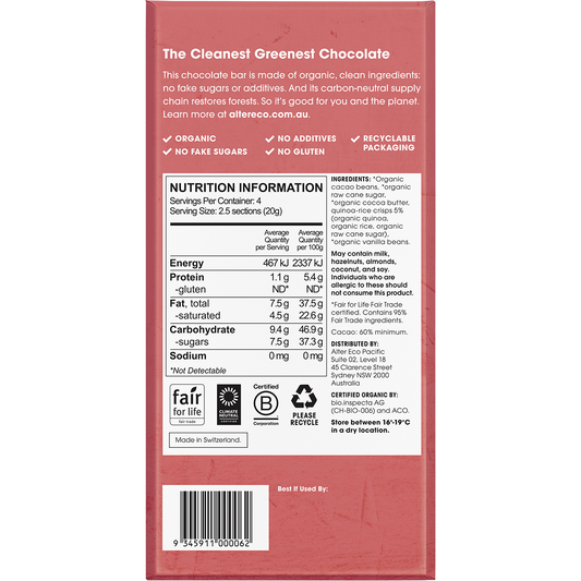 Alter Eco Chocolate Organic Dark Quinoa Crunch - Box of 12