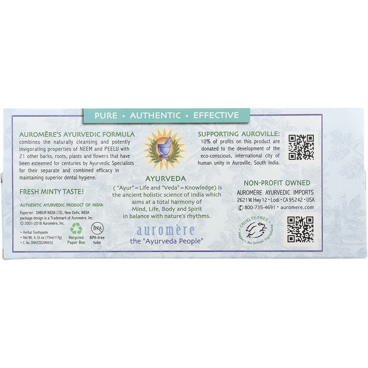 AUROMERE Toothpaste Ayurvedic Fresh Mint Fluoride Free 6 x 117g