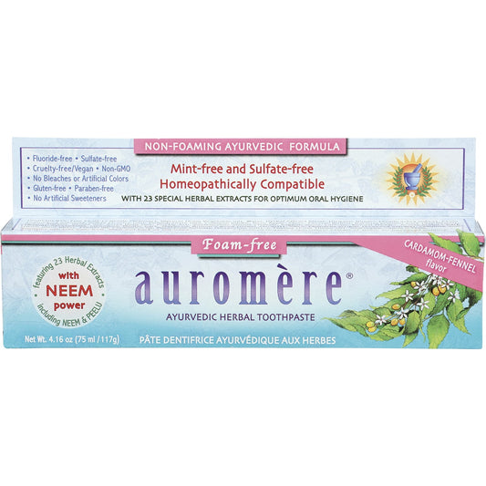 AUROMERE Toothpaste Ayurvedic Cardamom Fennel Fluoride Free 6 x 117g