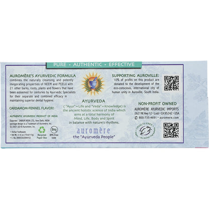 AUROMERE Toothpaste Ayurvedic Cardamom Fennel Fluoride Free 6 x 117g