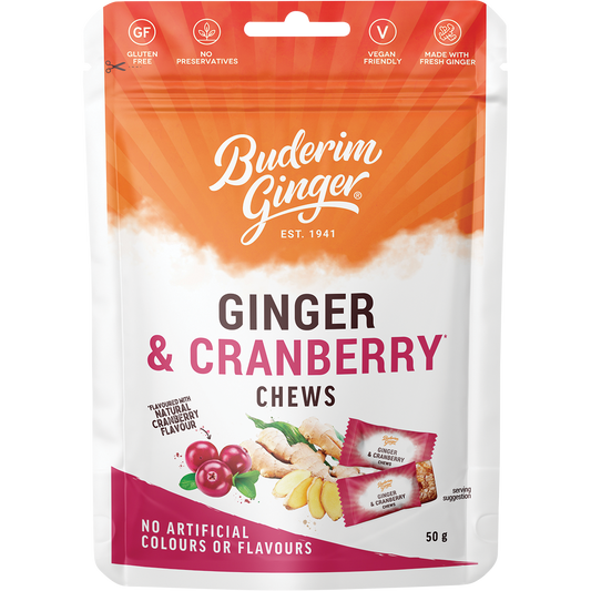 Buderim Ginger Ginger & Cranberry Chews - Box of 12