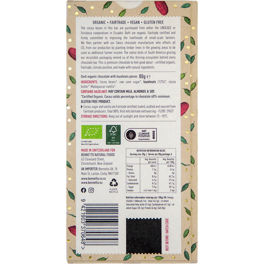 BENNETTO Organic Dark Chocolate Toasted Hazelnut x 12